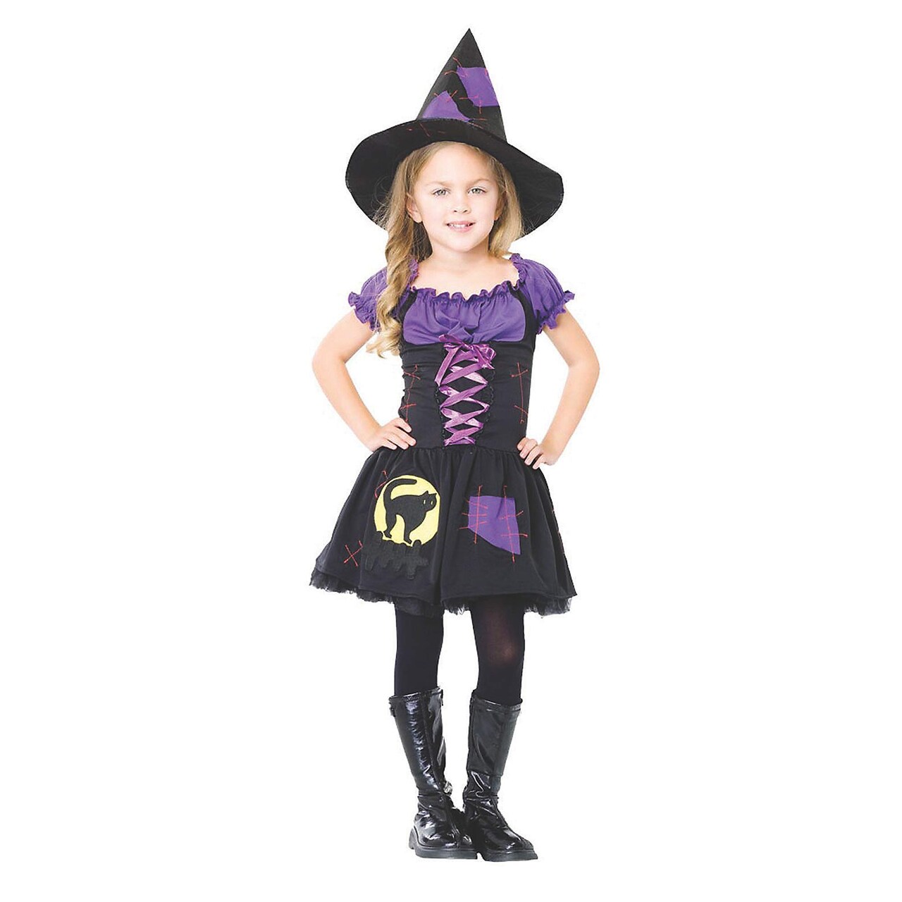 Girls Witch Costume Purple Black Dress with Lace Up Bodice and Hat